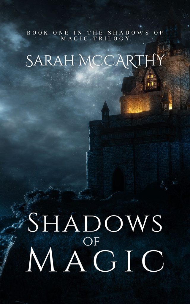 Shadows of Magic book cover: a lit castle on a cliff under a night sky